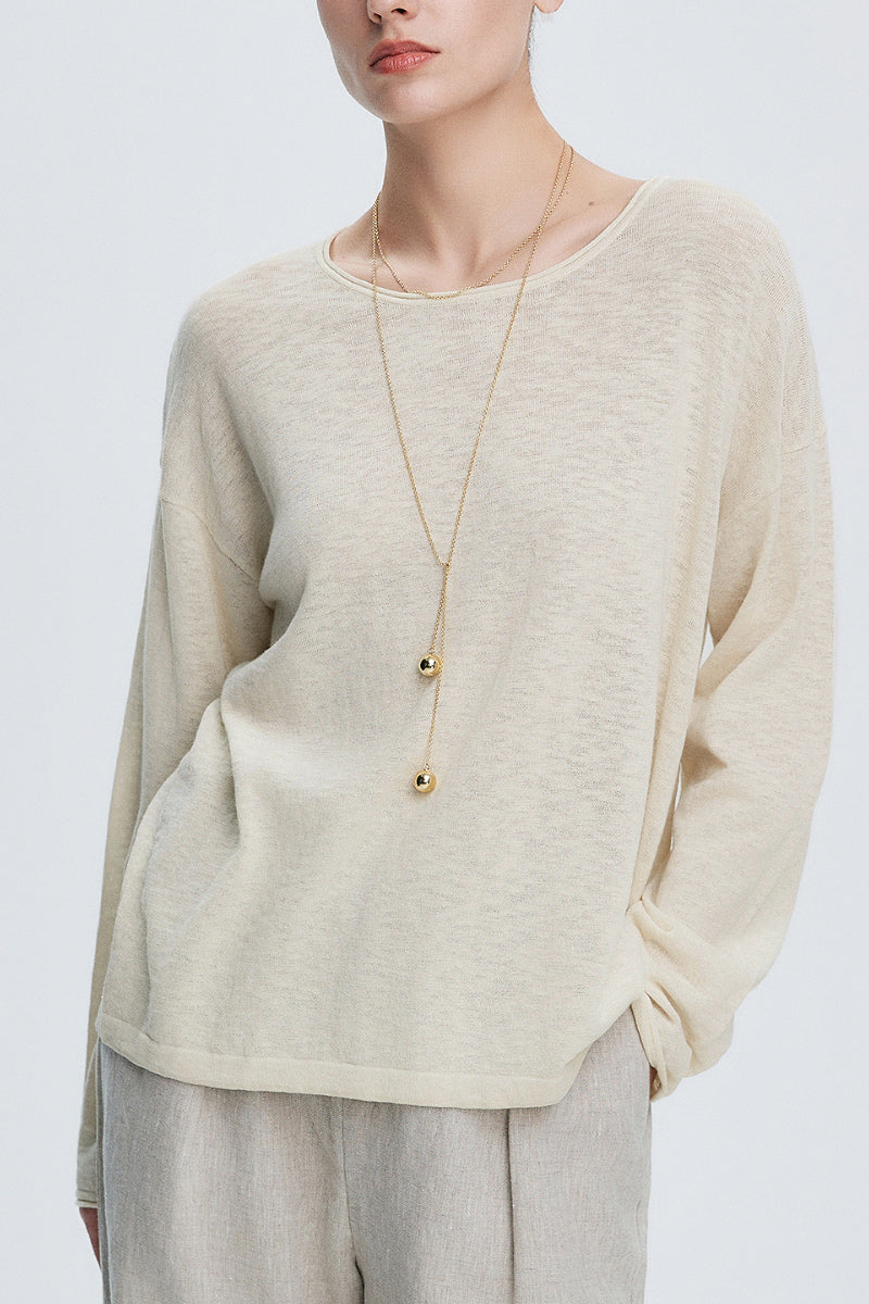 Loose Sheer Cotton-Linen Long-Sleeve Crew-Neck Knit T-Shirt