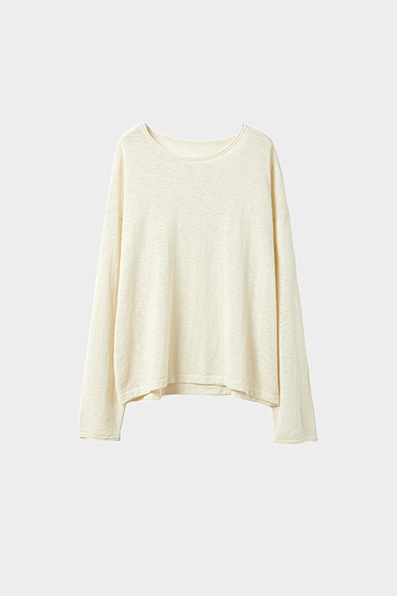 Loose Sheer Cotton-Linen Long-Sleeve Crew-Neck Knit T-Shirt