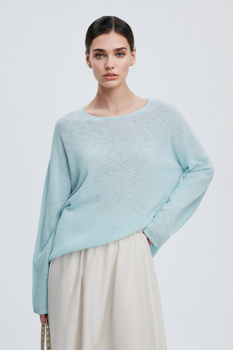 Loose Sheer Cotton-Linen Long-Sleeve Crew-Neck Knit T-Shirt