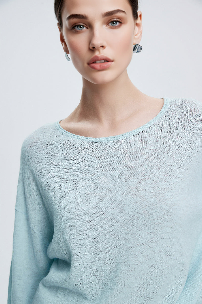 Loose Sheer Cotton-Linen Long-Sleeve Crew-Neck Knit T-Shirt