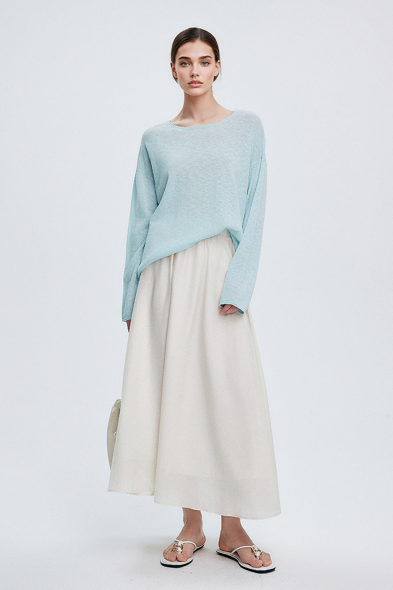 Loose Sheer Cotton-Linen Long-Sleeve Crew-Neck Knit T-Shirt