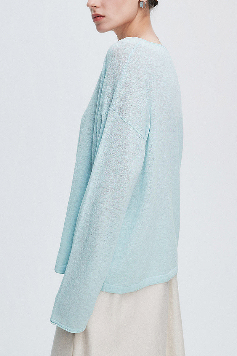 Loose Sheer Cotton-Linen Long-Sleeve Crew-Neck Knit T-Shirt