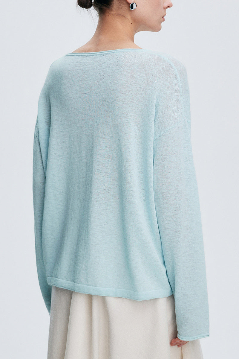 Loose Sheer Cotton-Linen Long-Sleeve Crew-Neck Knit T-Shirt