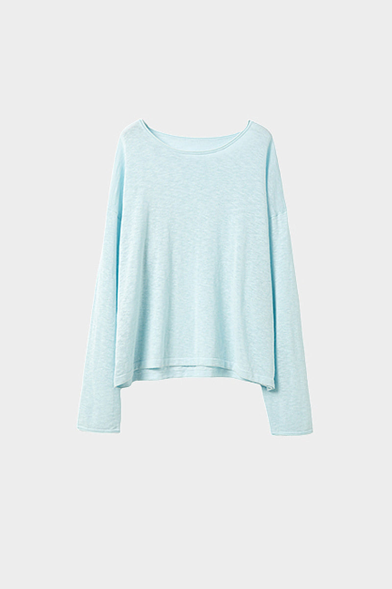 Loose Sheer Cotton-Linen Long-Sleeve Crew-Neck Knit T-Shirt