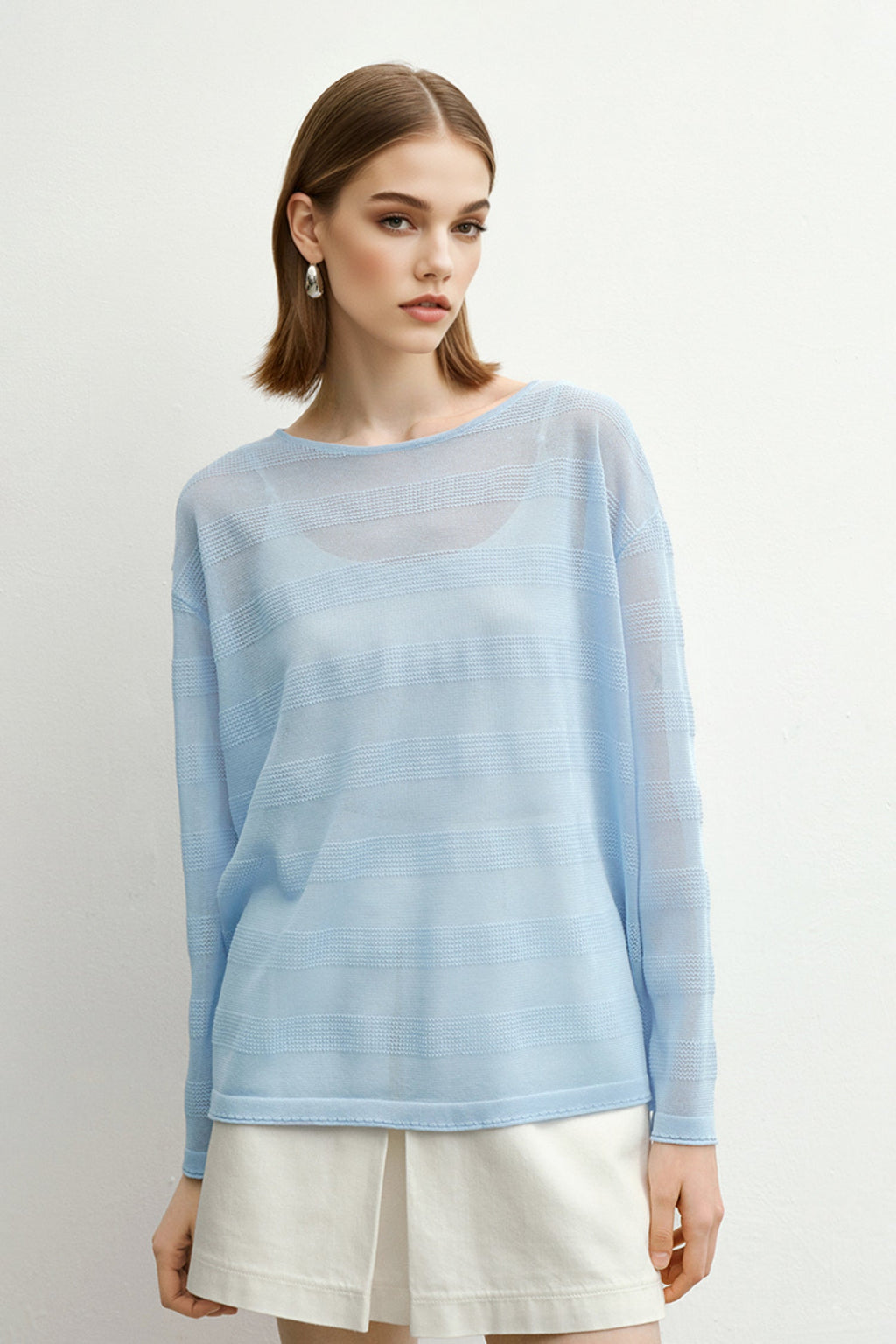 Loose Sheer Cotton-Linen Long-Sleeve Crew-Neck Striped T-Shirt