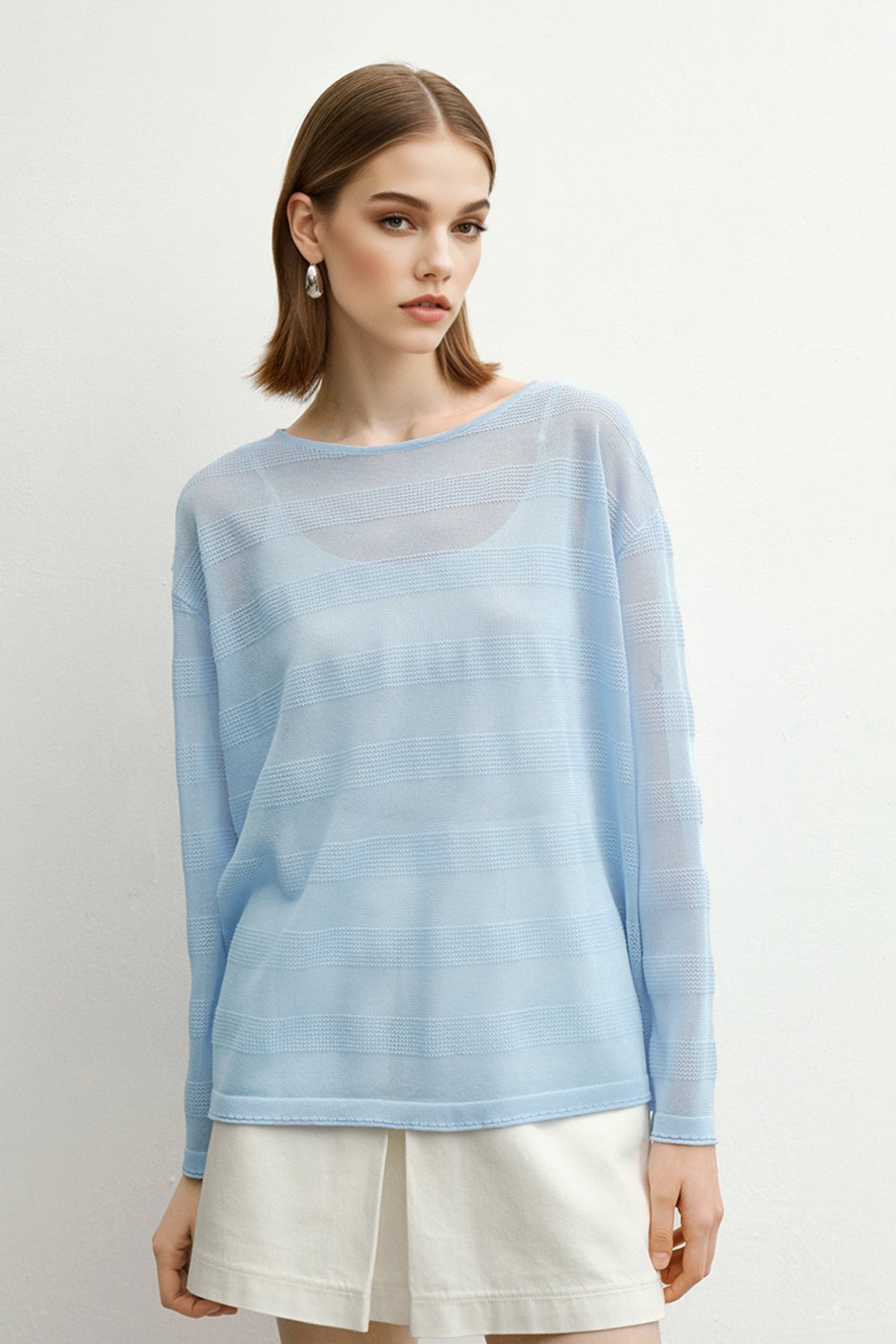 Loose Sheer Cotton-Linen Long-Sleeve Crew-Neck Striped T-Shirt