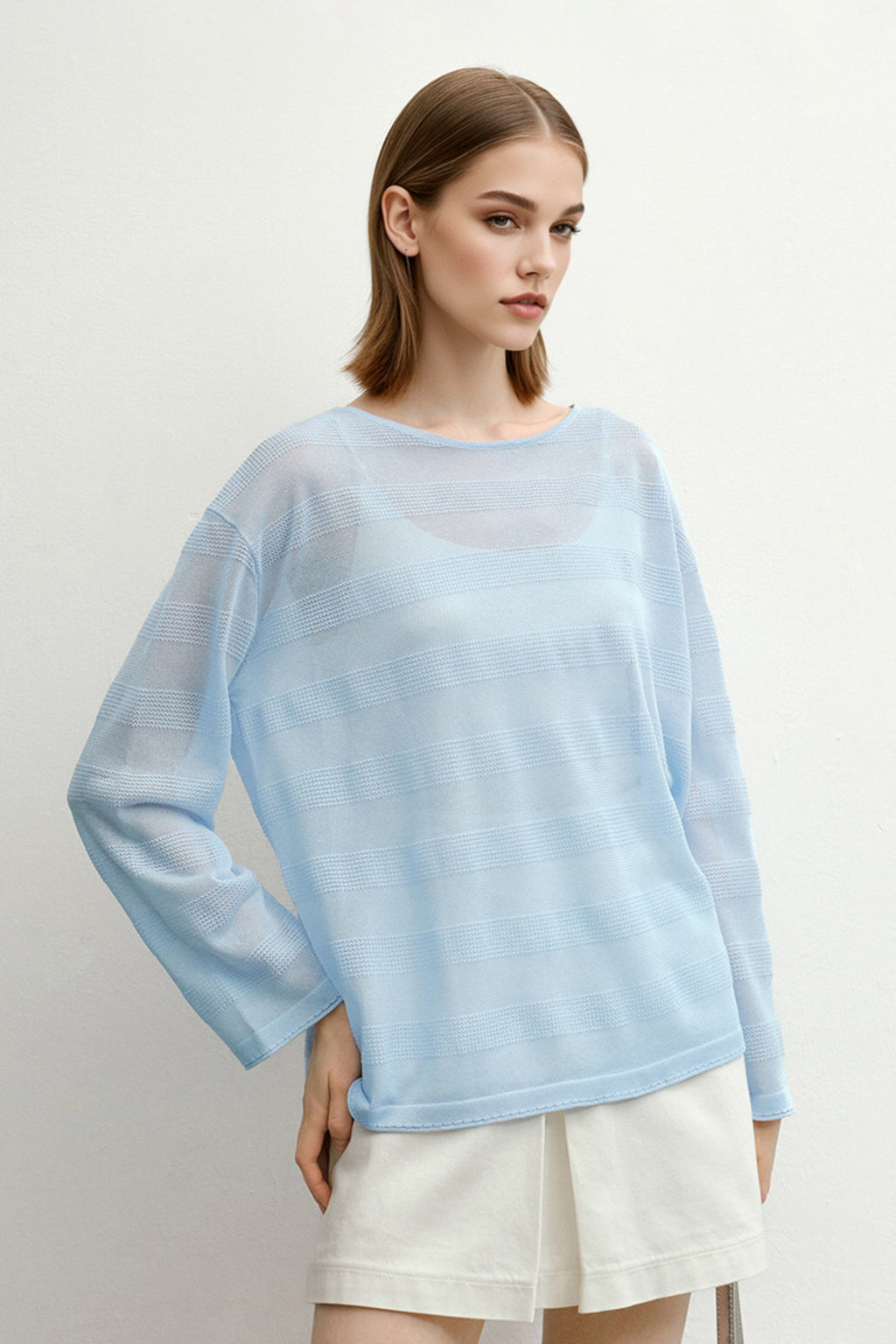 Loose Sheer Cotton-Linen Long-Sleeve Crew-Neck Striped T-Shirt