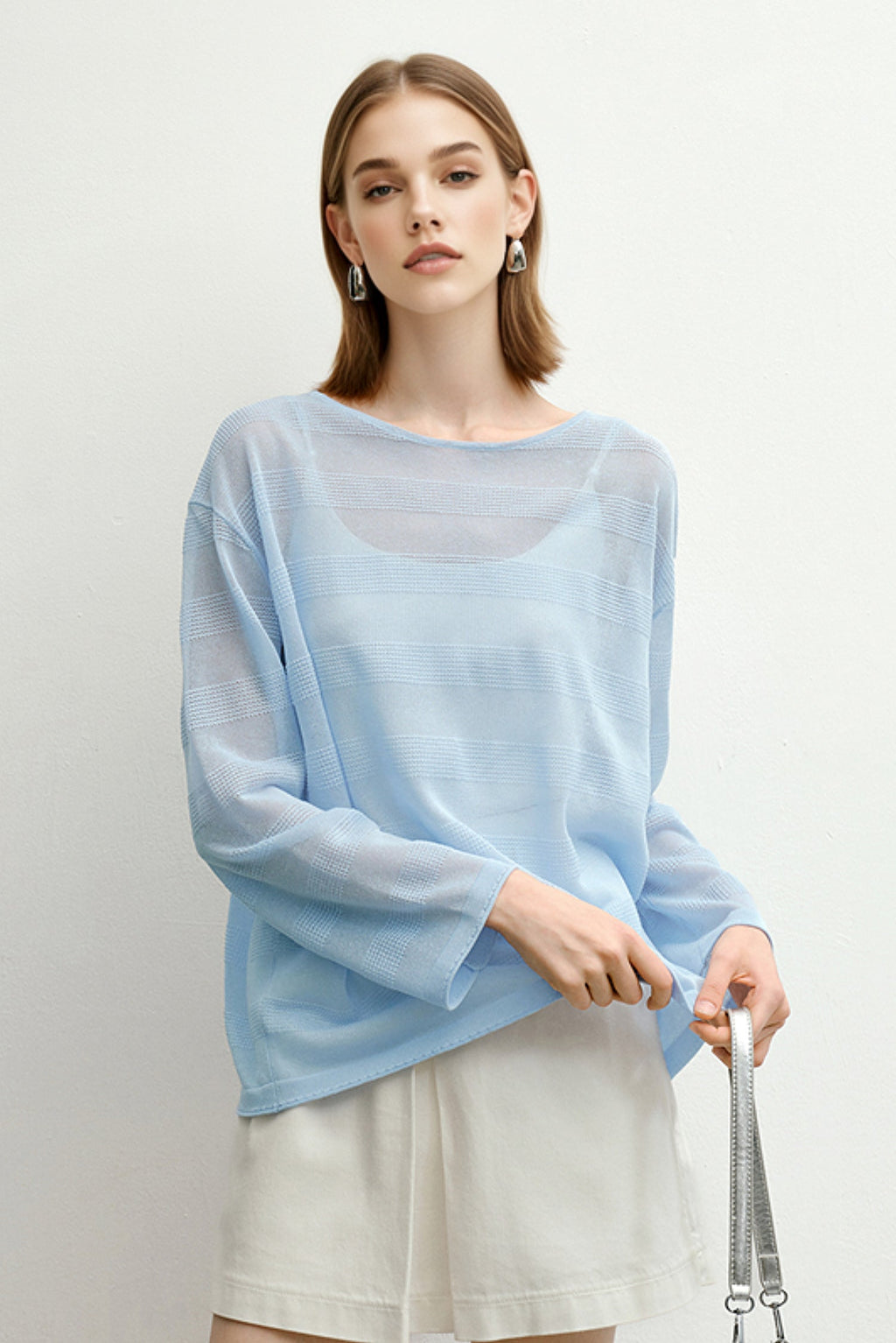 Loose Sheer Cotton-Linen Long-Sleeve Crew-Neck Striped T-Shirt
