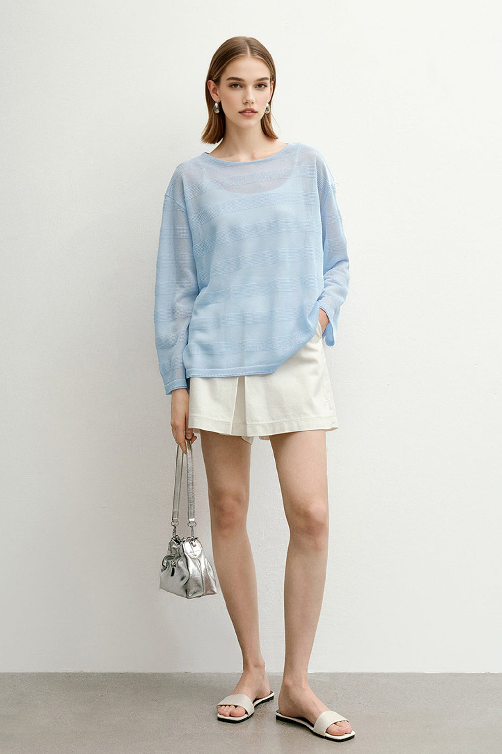 Loose Sheer Cotton-Linen Long-Sleeve Crew-Neck Striped T-Shirt