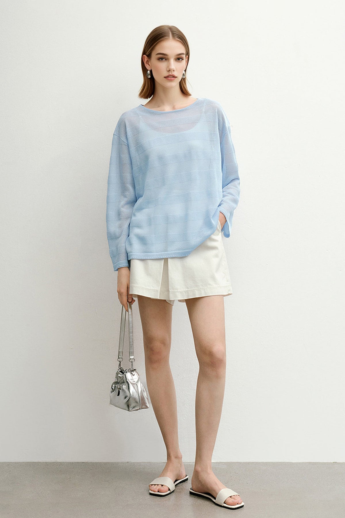 Loose Sheer Cotton-Linen Long-Sleeve Crew-Neck Striped T-Shirt