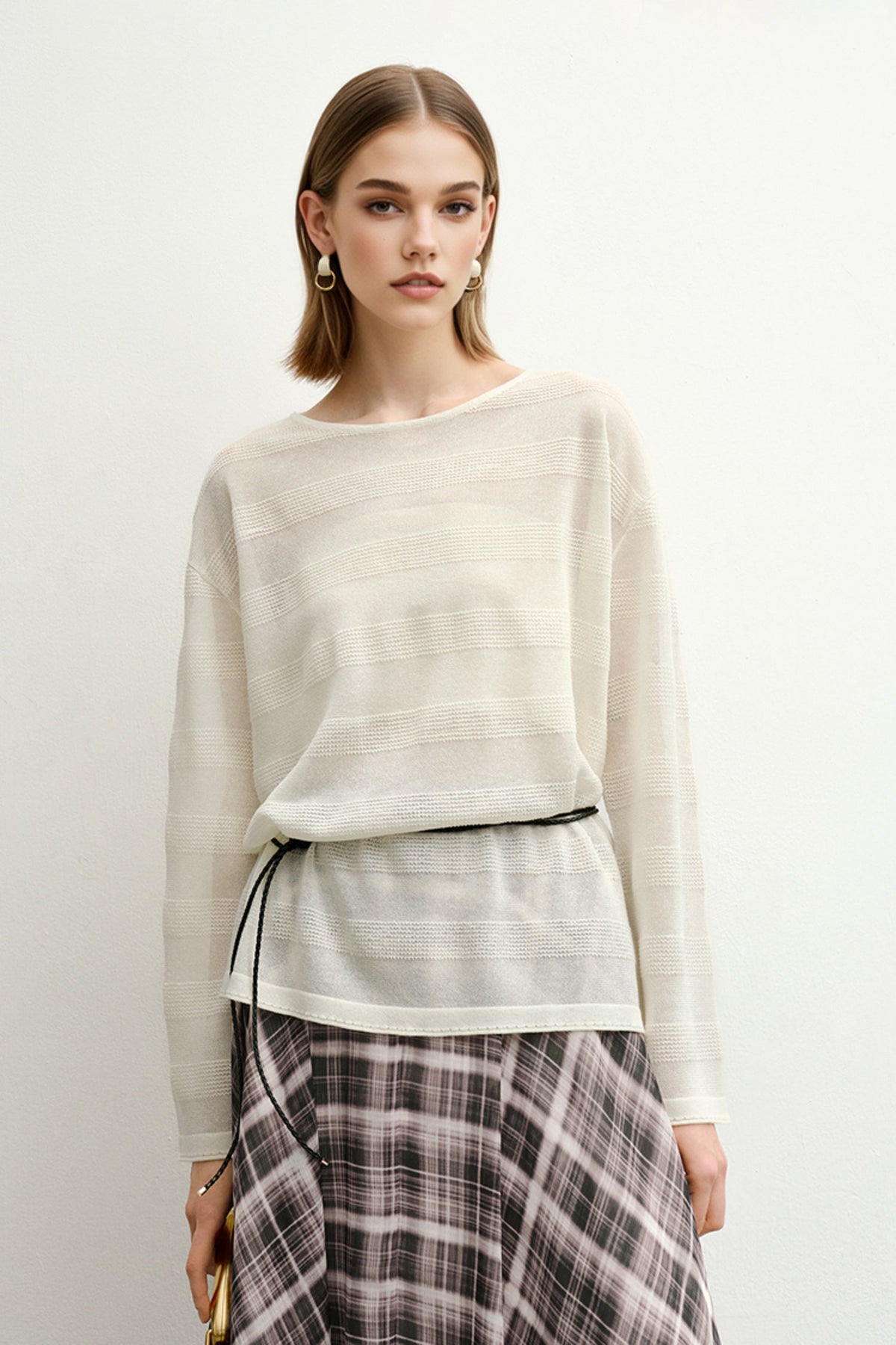 Loose Sheer Cotton-Linen Long-Sleeve Crew-Neck Striped T-Shirt