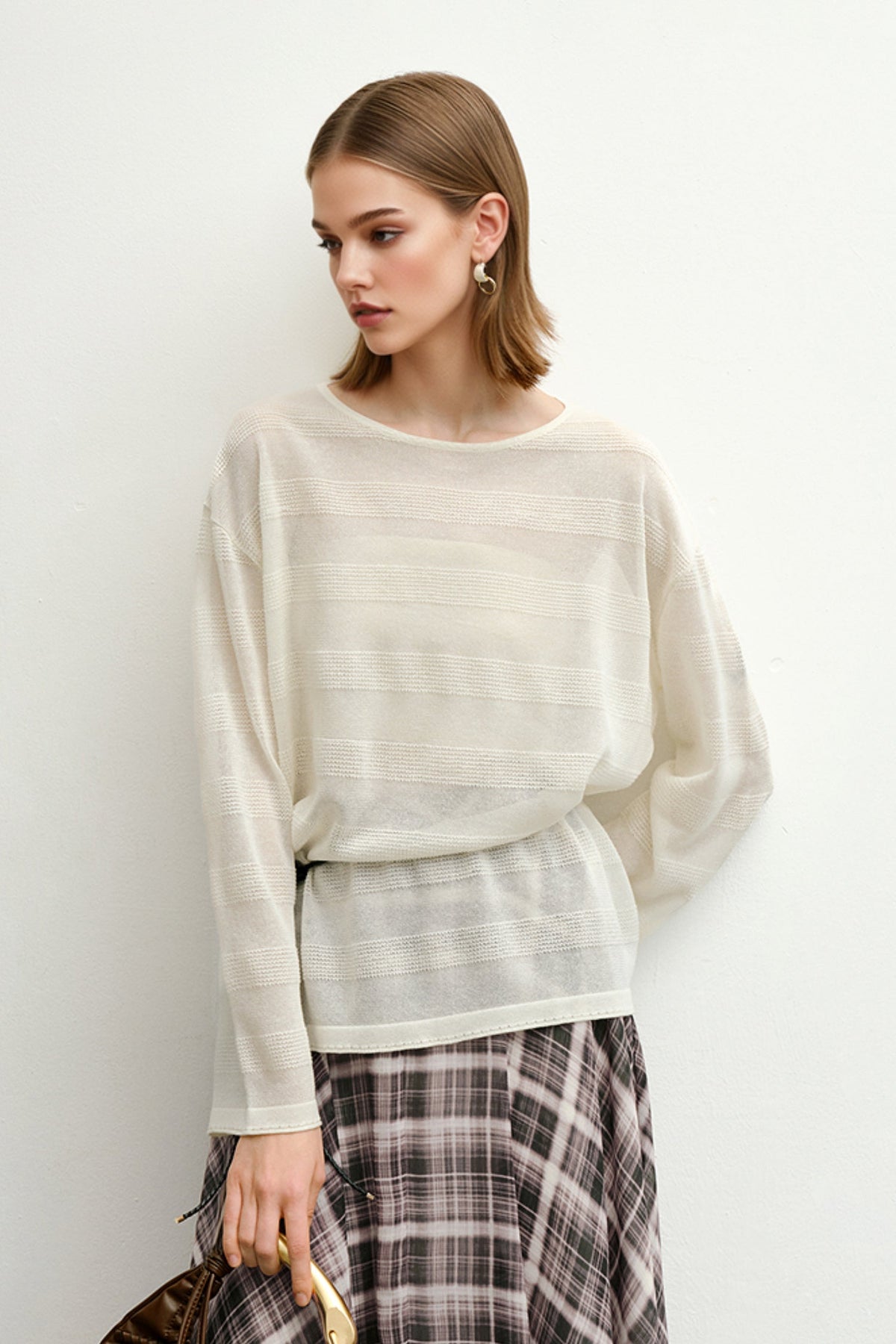 Loose Sheer Cotton-Linen Long-Sleeve Crew-Neck Striped T-Shirt