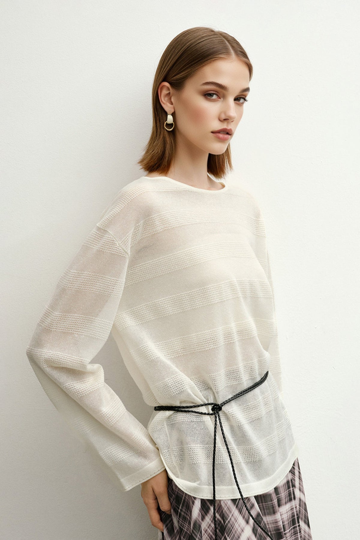 Loose Sheer Cotton-Linen Long-Sleeve Crew-Neck Striped T-Shirt