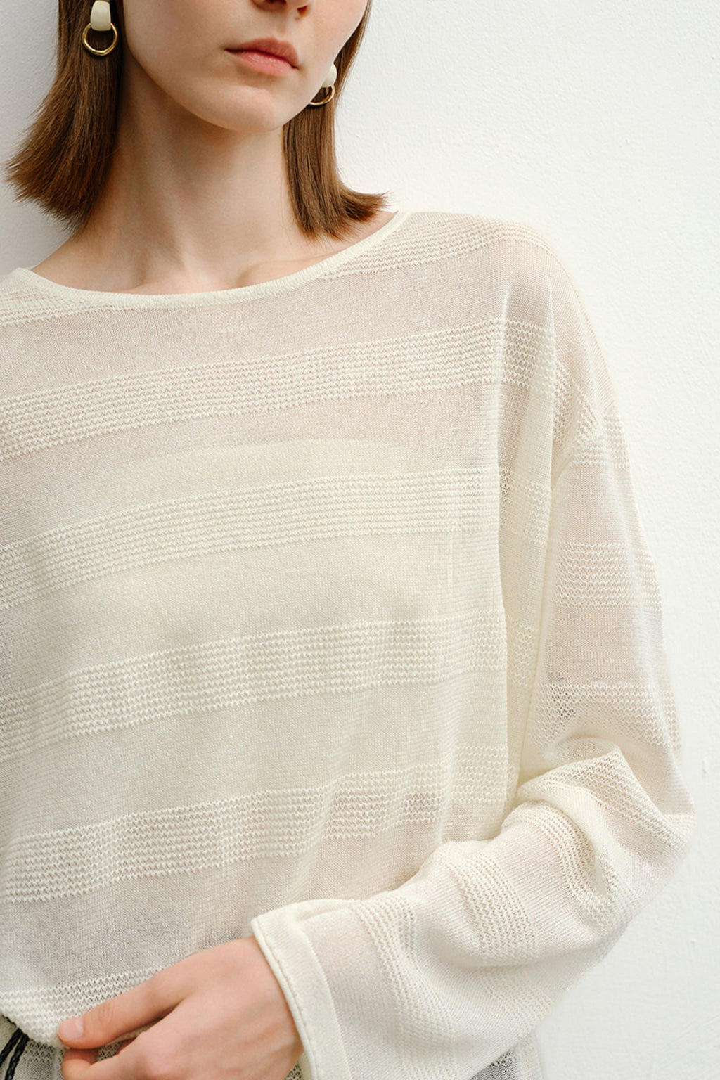 Loose Sheer Cotton-Linen Long-Sleeve Crew-Neck Striped T-Shirt