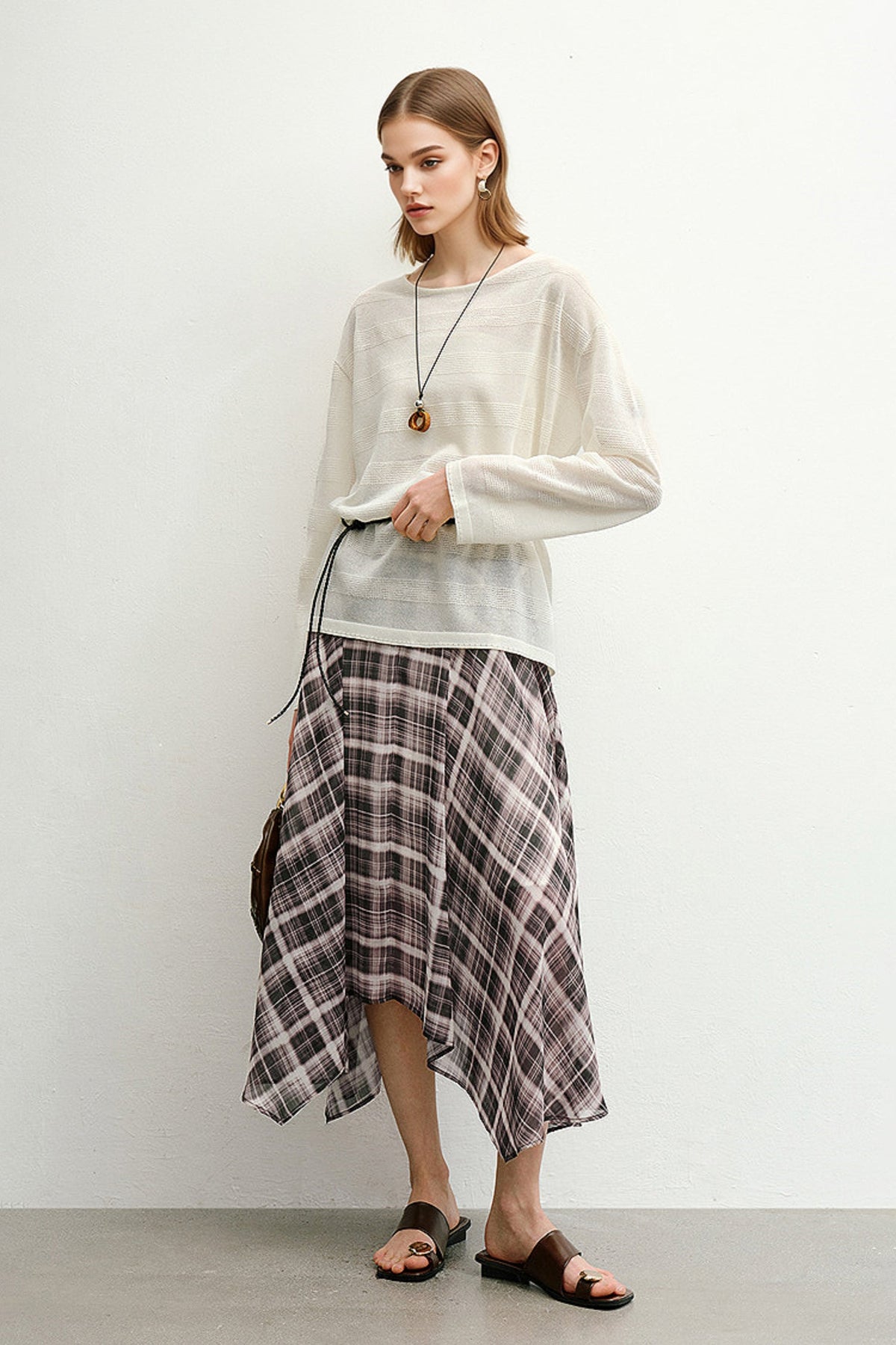Loose Sheer Cotton-Linen Long-Sleeve Crew-Neck Striped T-Shirt