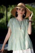 Luxe Silk-Linen Jacquard Cap-Sleeve Pintuck Blouse