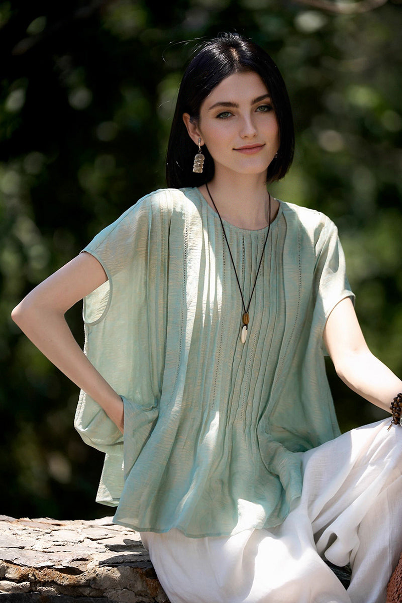 Luxe Silk-Linen Jacquard Cap-Sleeve Pintuck Blouse