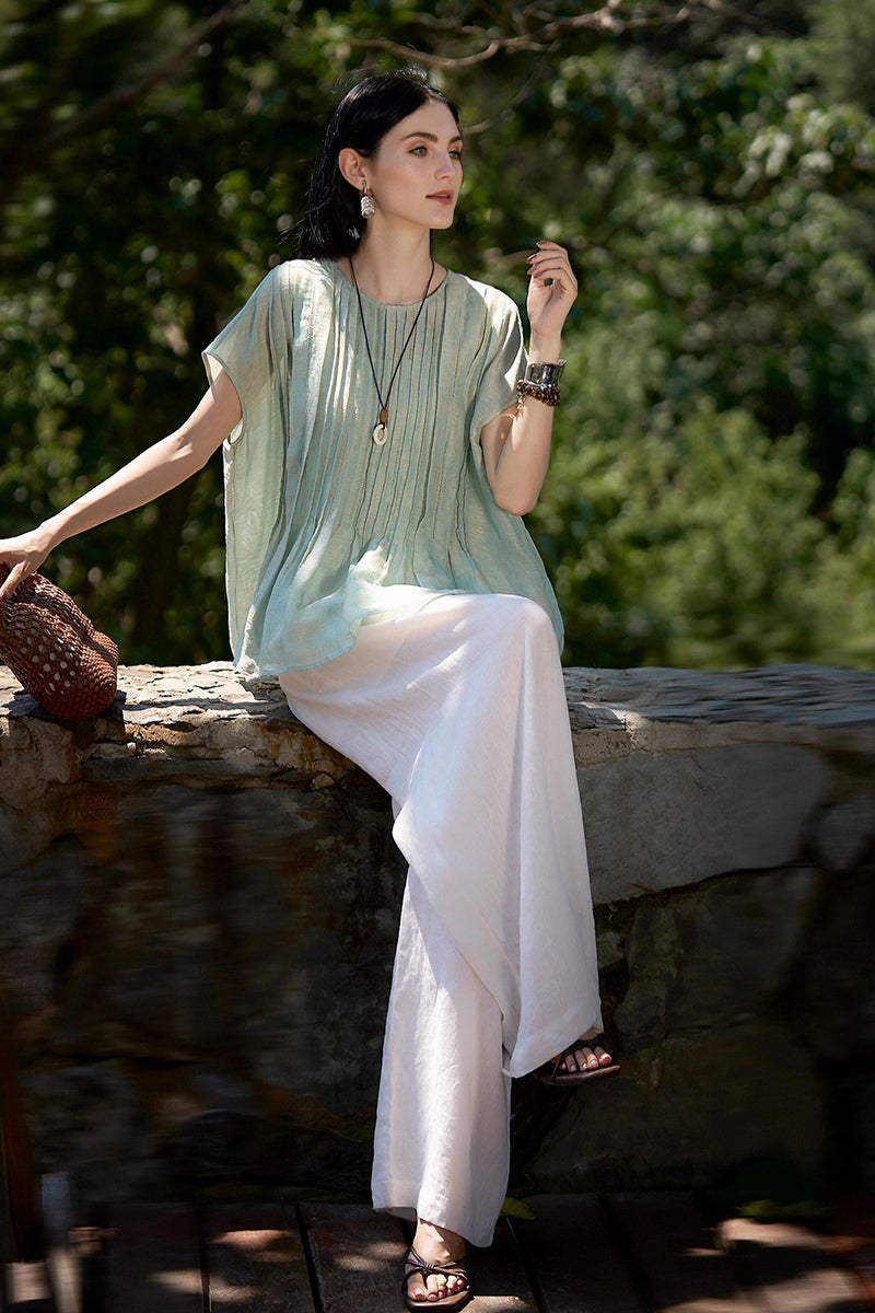 Luxe Silk-Linen Jacquard Cap-Sleeve Pintuck Blouse