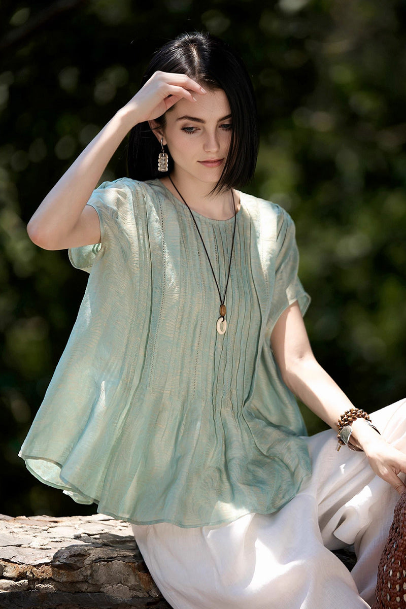 Luxe Silk-Linen Jacquard Cap-Sleeve Pintuck Blouse