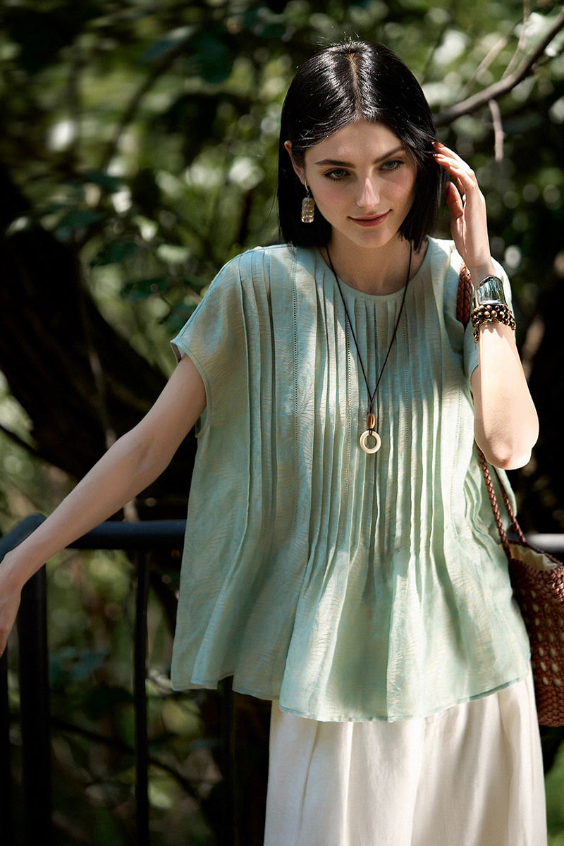 Luxe Silk-Linen Jacquard Cap-Sleeve Pintuck Blouse