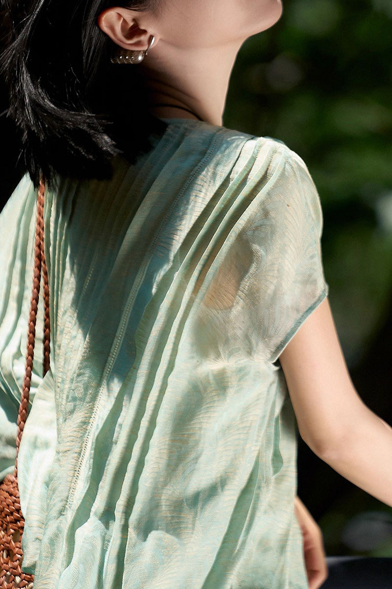 Luxe Silk-Linen Jacquard Cap-Sleeve Pintuck Blouse