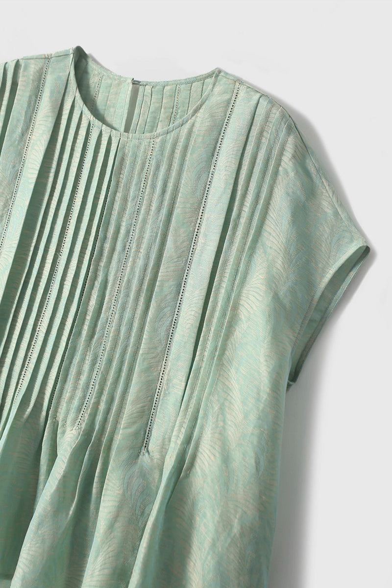 Luxe Silk-Linen Jacquard Cap-Sleeve Pintuck Blouse