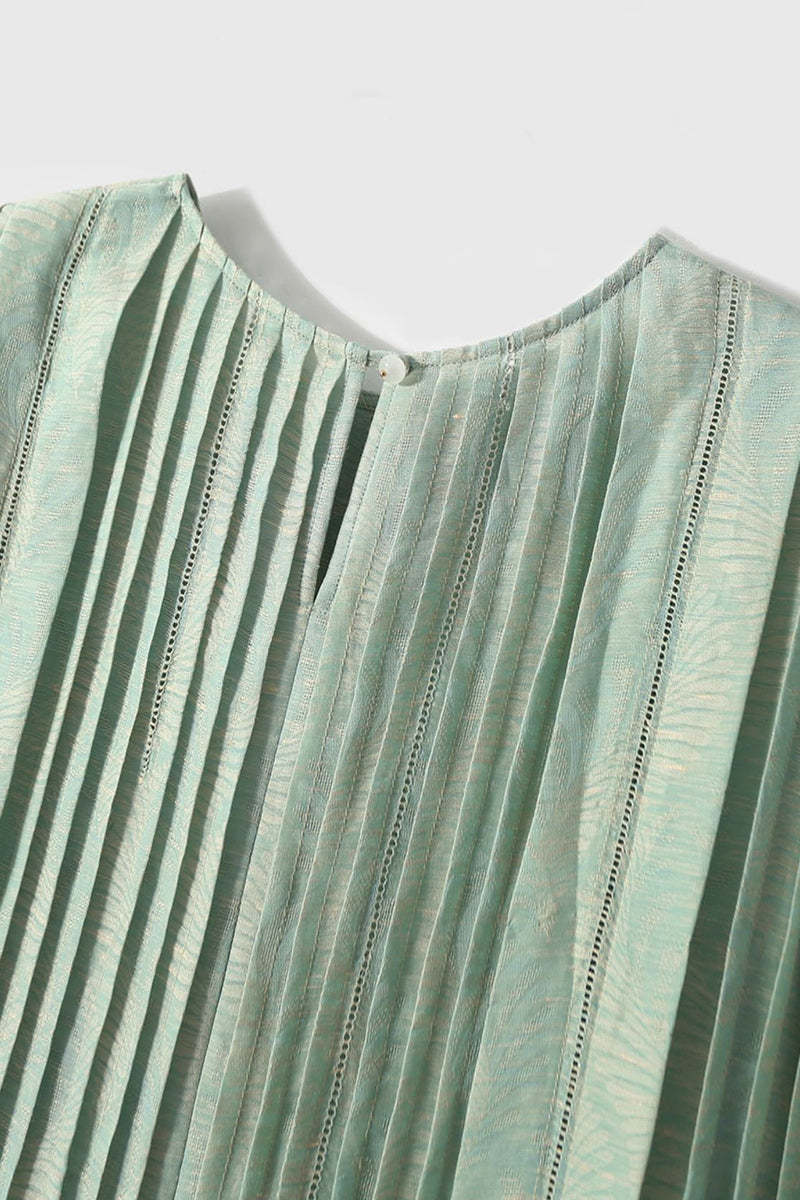 Luxe Silk-Linen Jacquard Cap-Sleeve Pintuck Blouse
