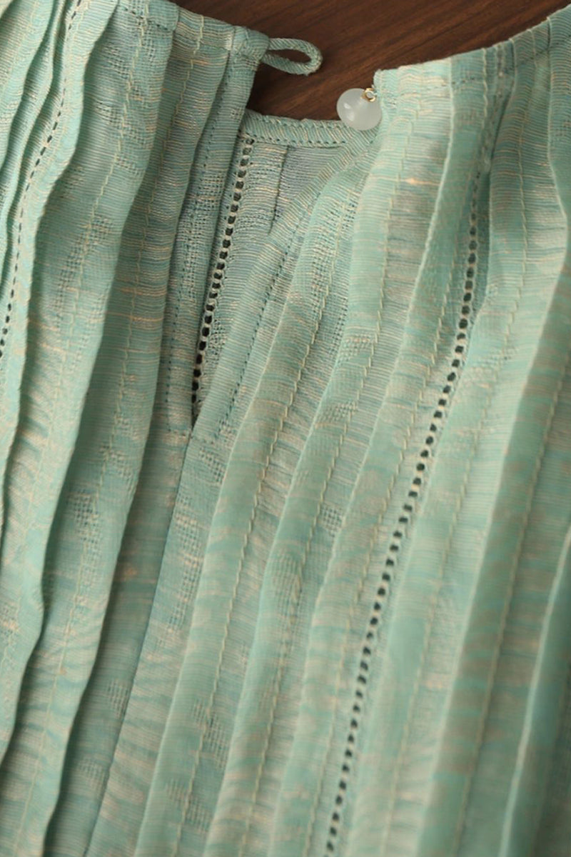 Luxe Silk-Linen Jacquard Cap-Sleeve Pintuck Blouse