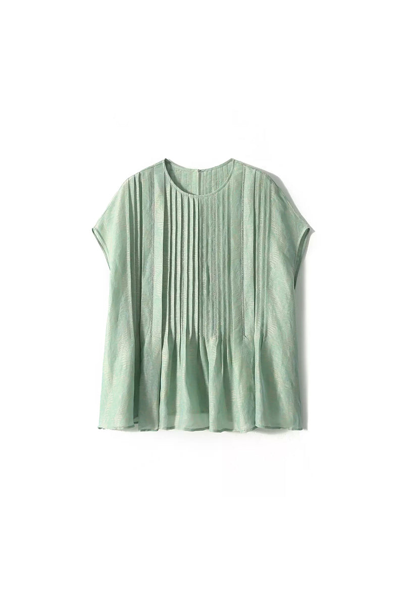 Luxe Silk-Linen Jacquard Cap-Sleeve Pintuck Blouse