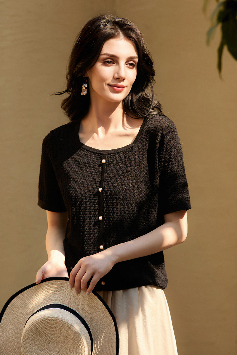Machine Washable Silk Blend Short-Sleeve Knit Top