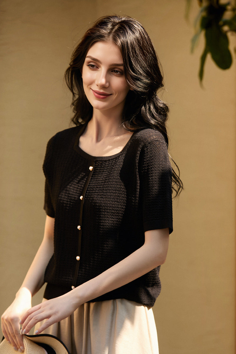 Machine Washable Silk Blend Short-Sleeve Knit Top