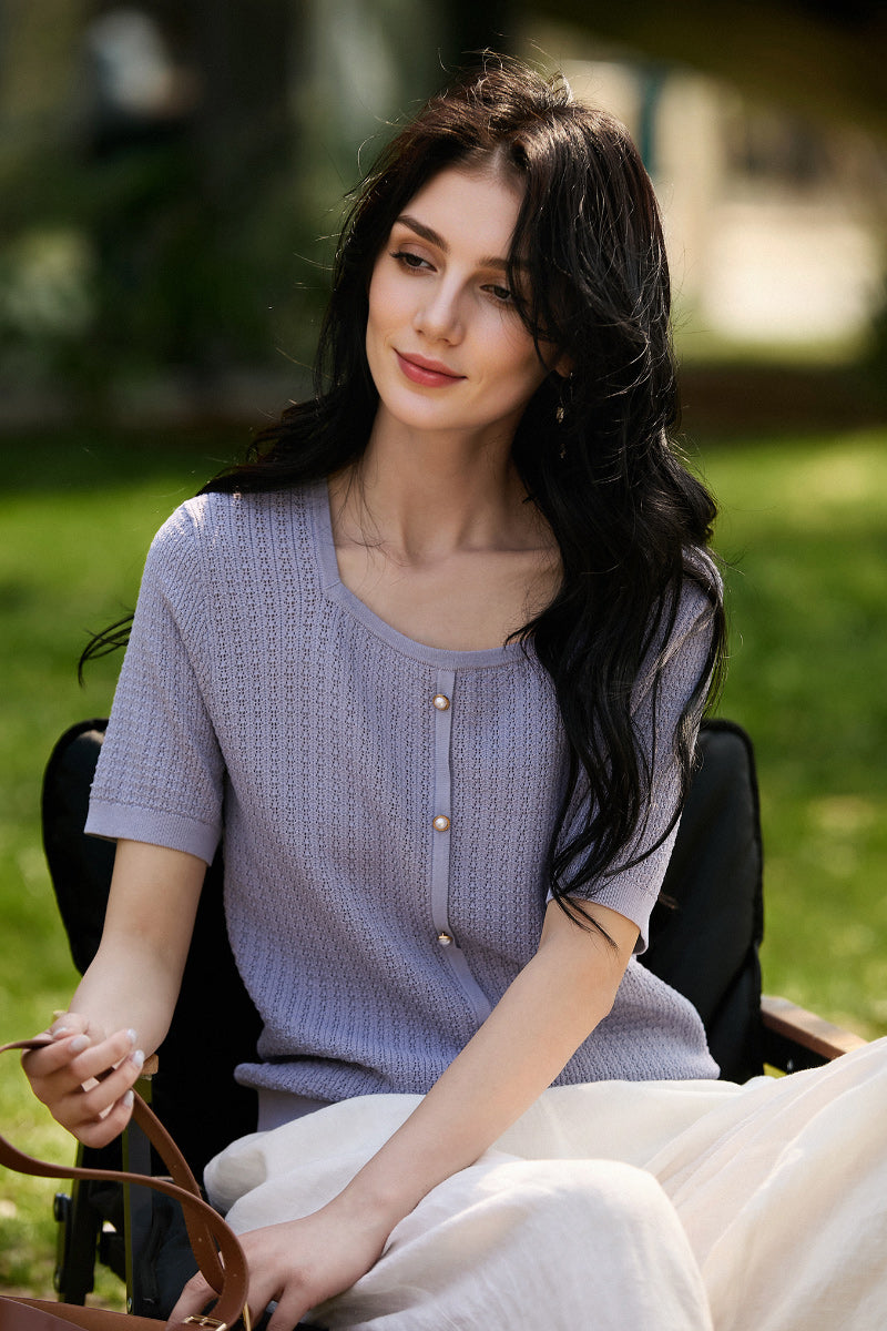 Machine Washable Silk Blend Short-Sleeve Knit Top