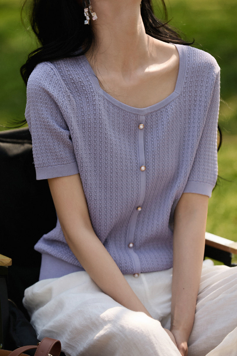 Machine Washable Silk Blend Short-Sleeve Knit Top