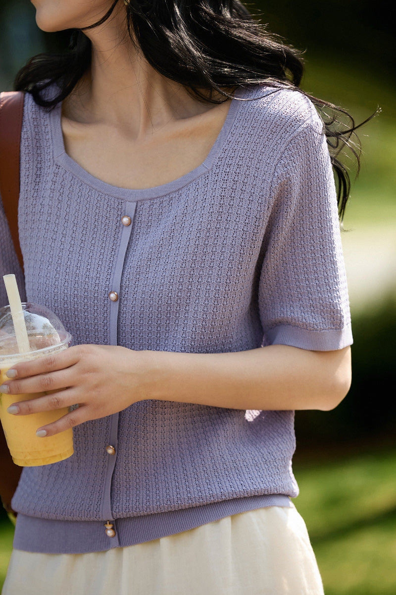 Machine Washable Silk Blend Short-Sleeve Knit Top