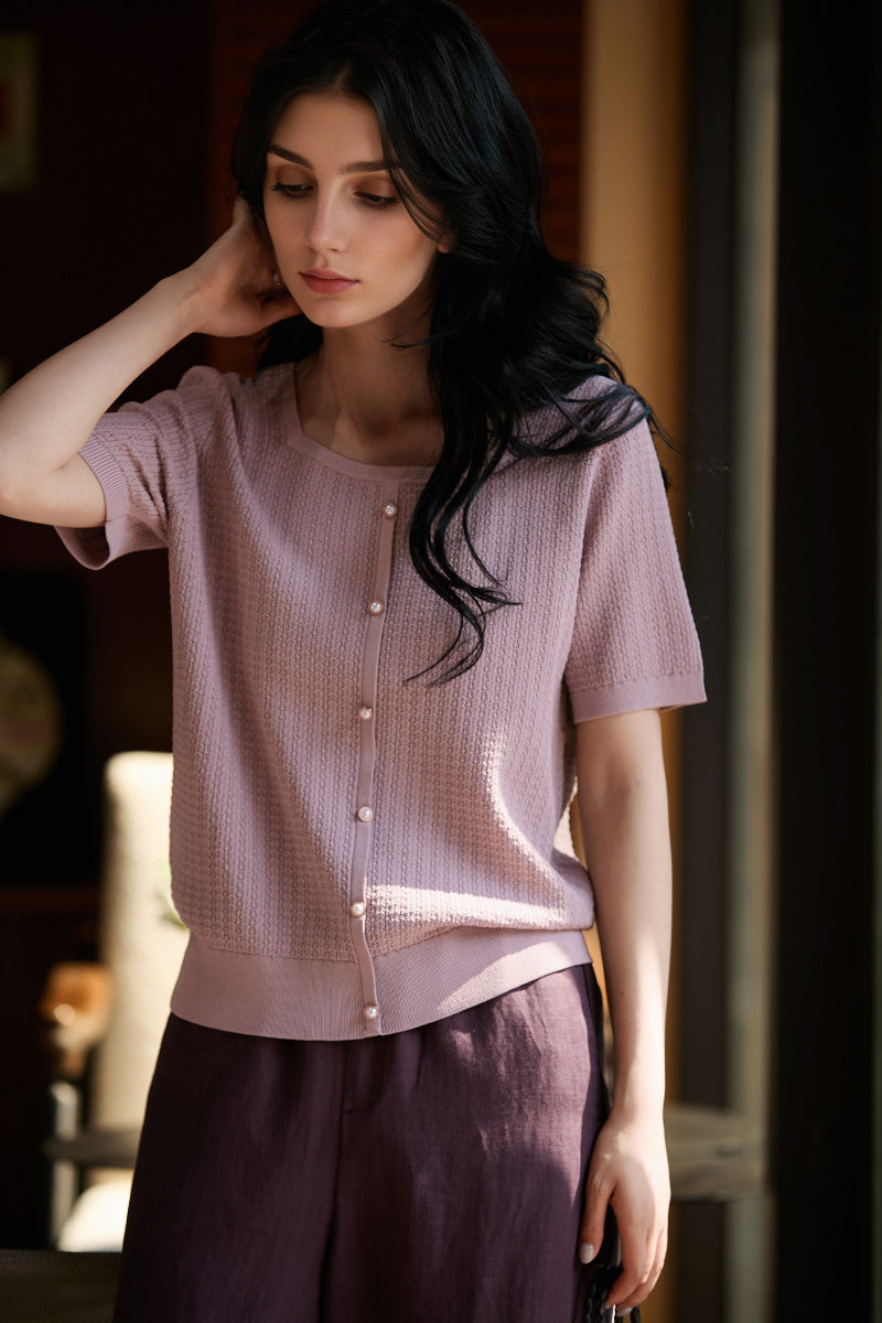 Machine Washable Silk Blend Short-Sleeve Knit Top