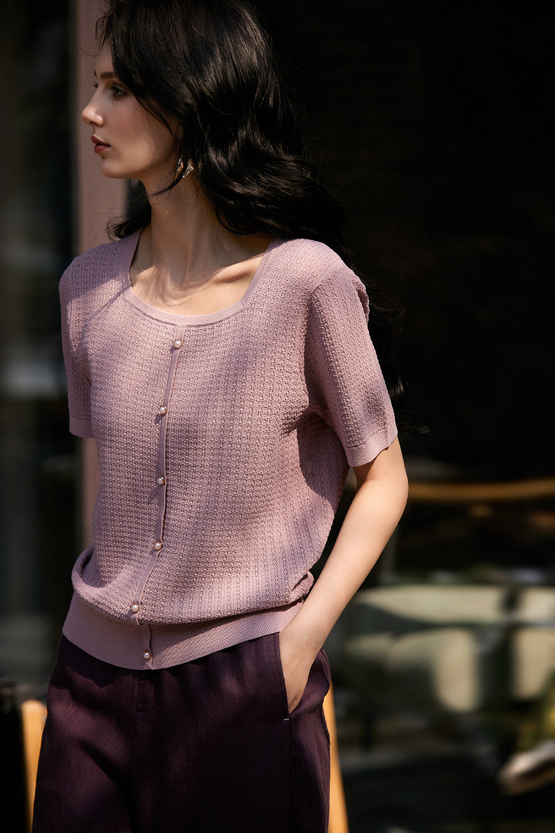 Machine Washable Silk Blend Short-Sleeve Knit Top