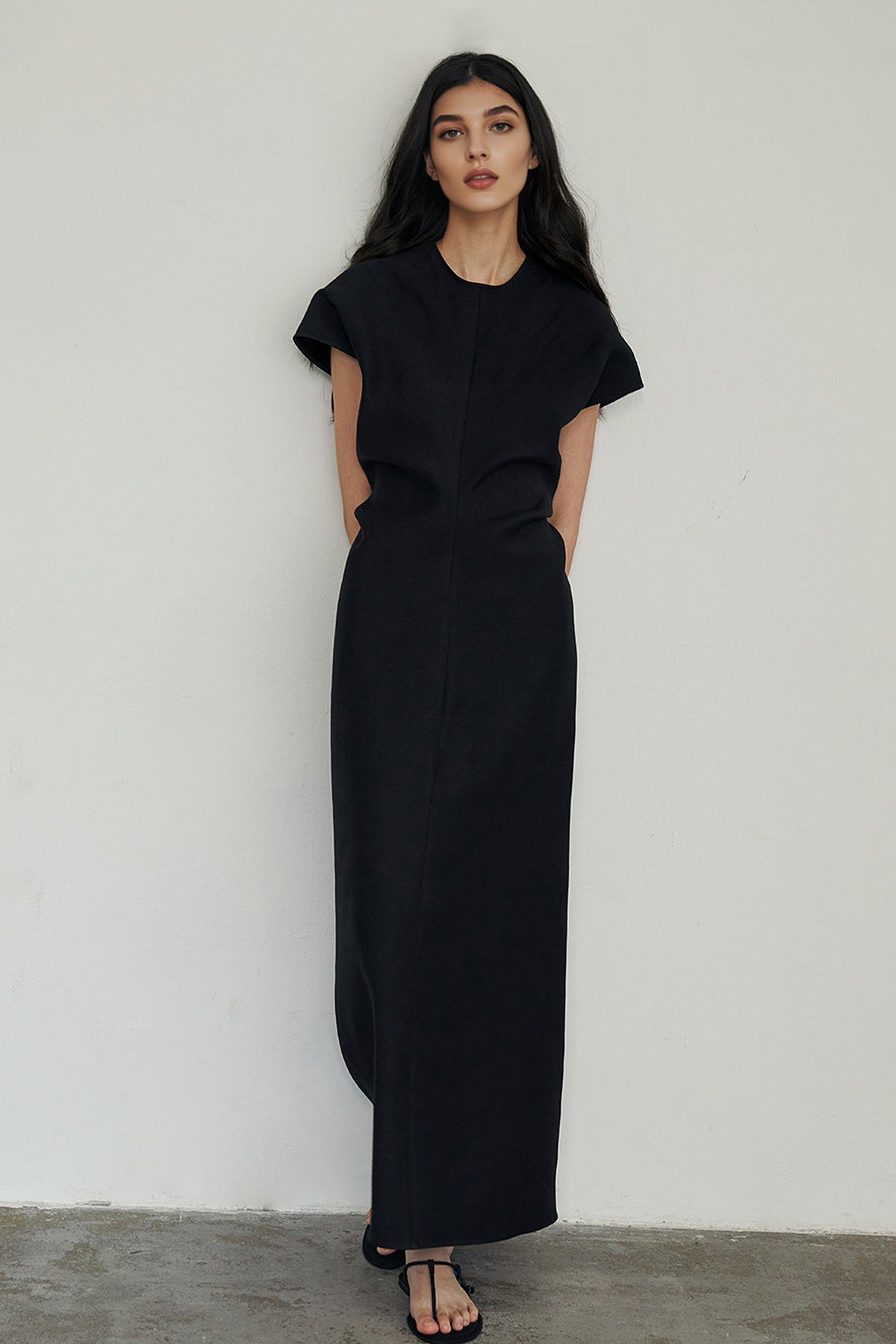 Minimalist Cap Sleeve Draped Waist Maxi Dress