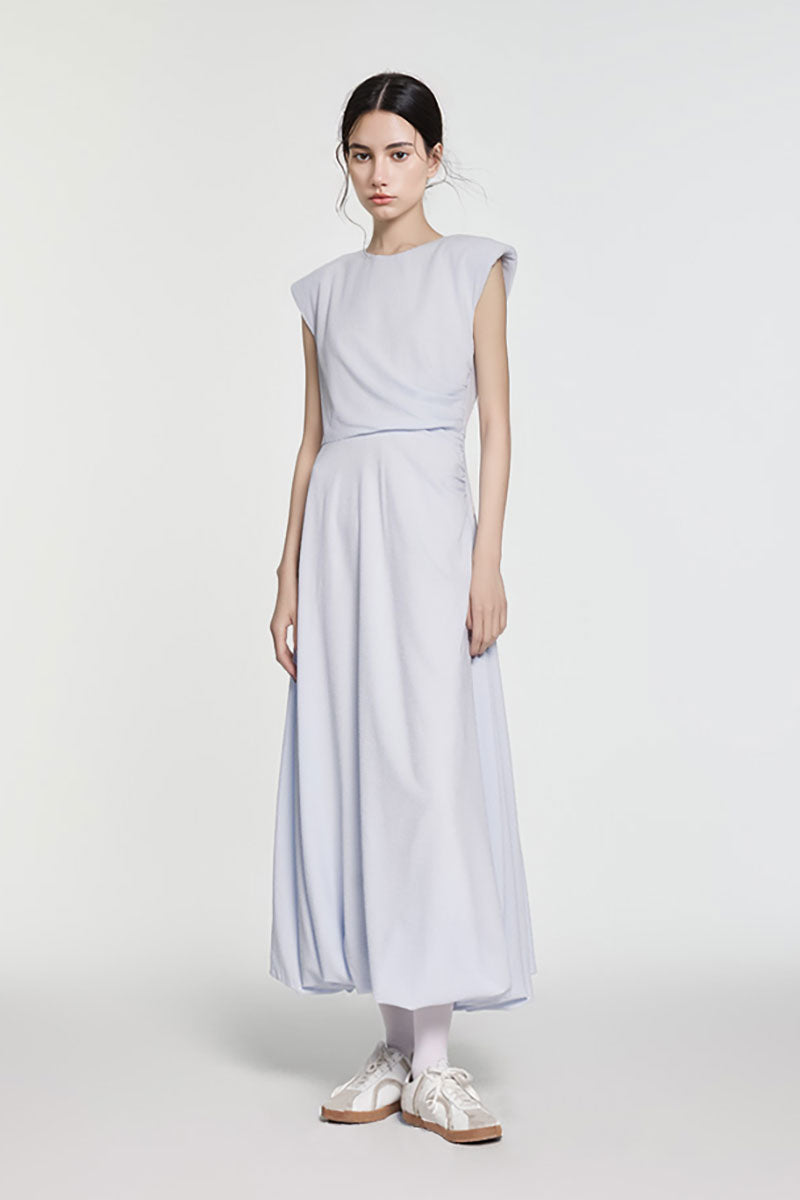 Minimalist Cap-Sleeve Ruched-Waist Bubble Midi Dress