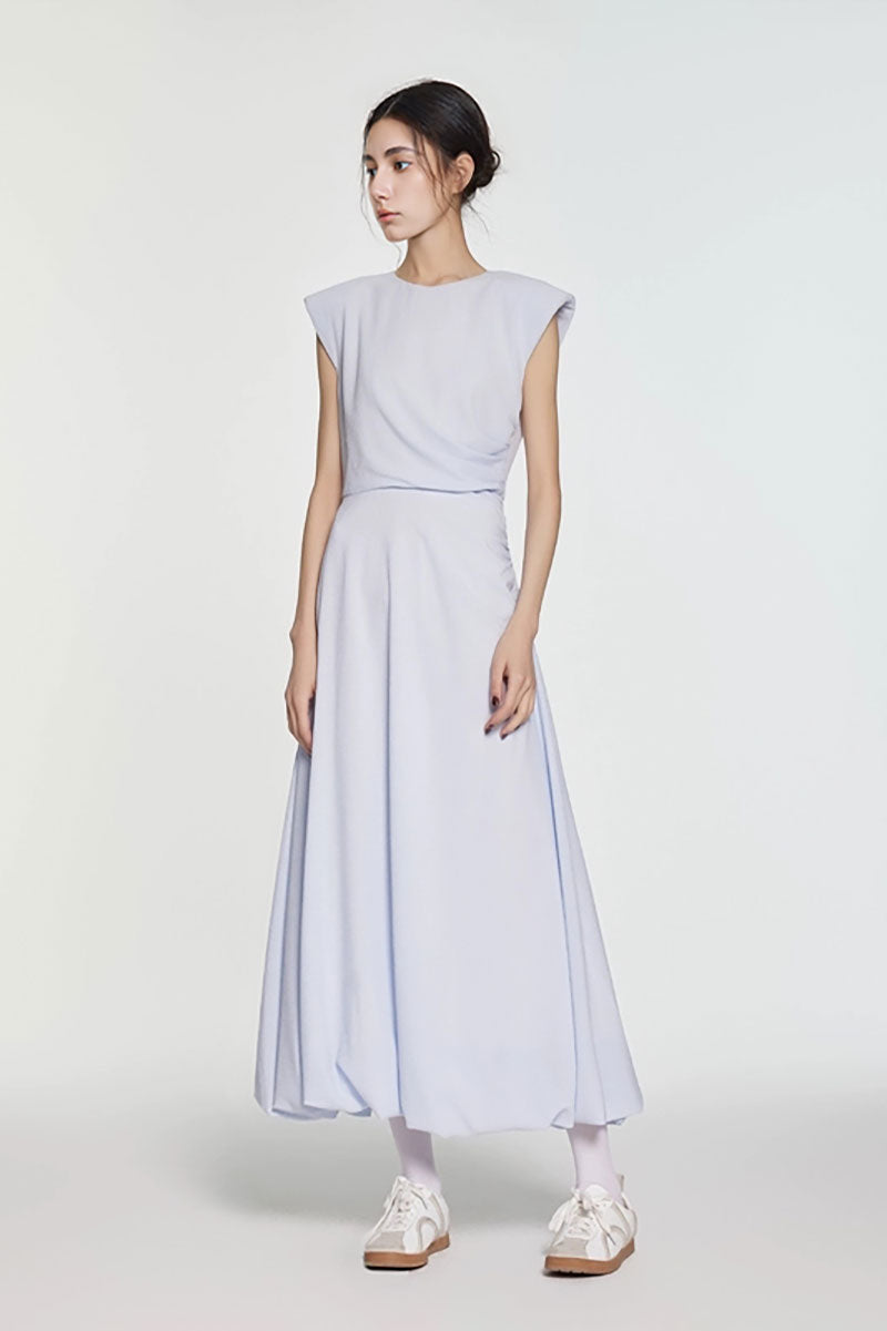 Minimalist Cap-Sleeve Ruched-Waist Bubble Midi Dress