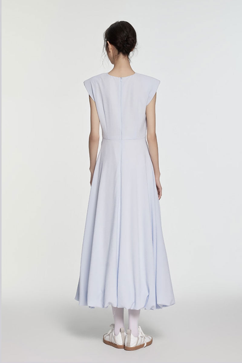 Minimalist Cap-Sleeve Ruched-Waist Bubble Midi Dress