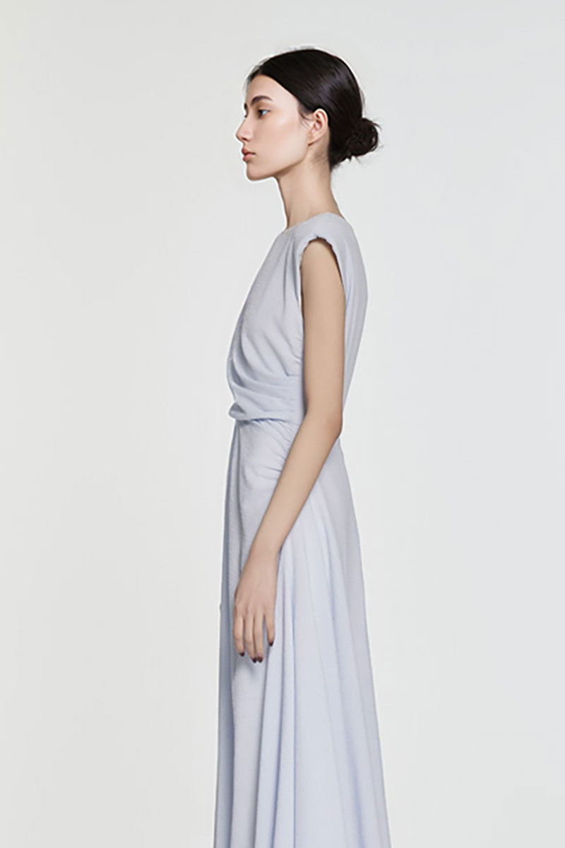 Minimalist Cap-Sleeve Ruched-Waist Bubble Midi Dress