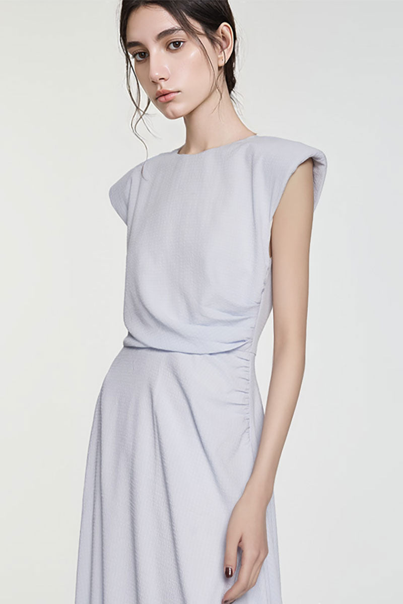 Minimalist Cap-Sleeve Ruched-Waist Bubble Midi Dress