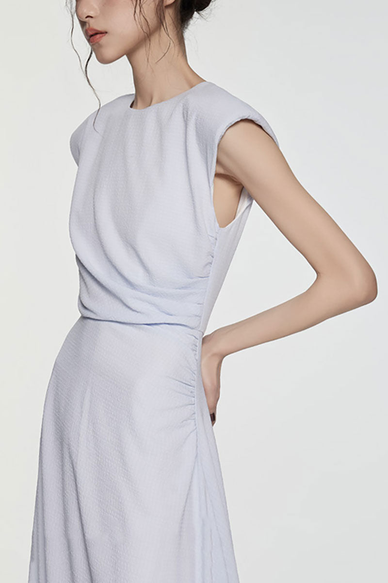 Minimalist Cap-Sleeve Ruched-Waist Bubble Midi Dress