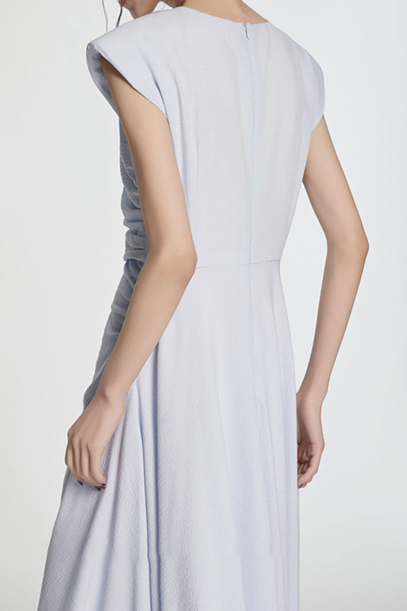 Minimalist Cap-Sleeve Ruched-Waist Bubble Midi Dress