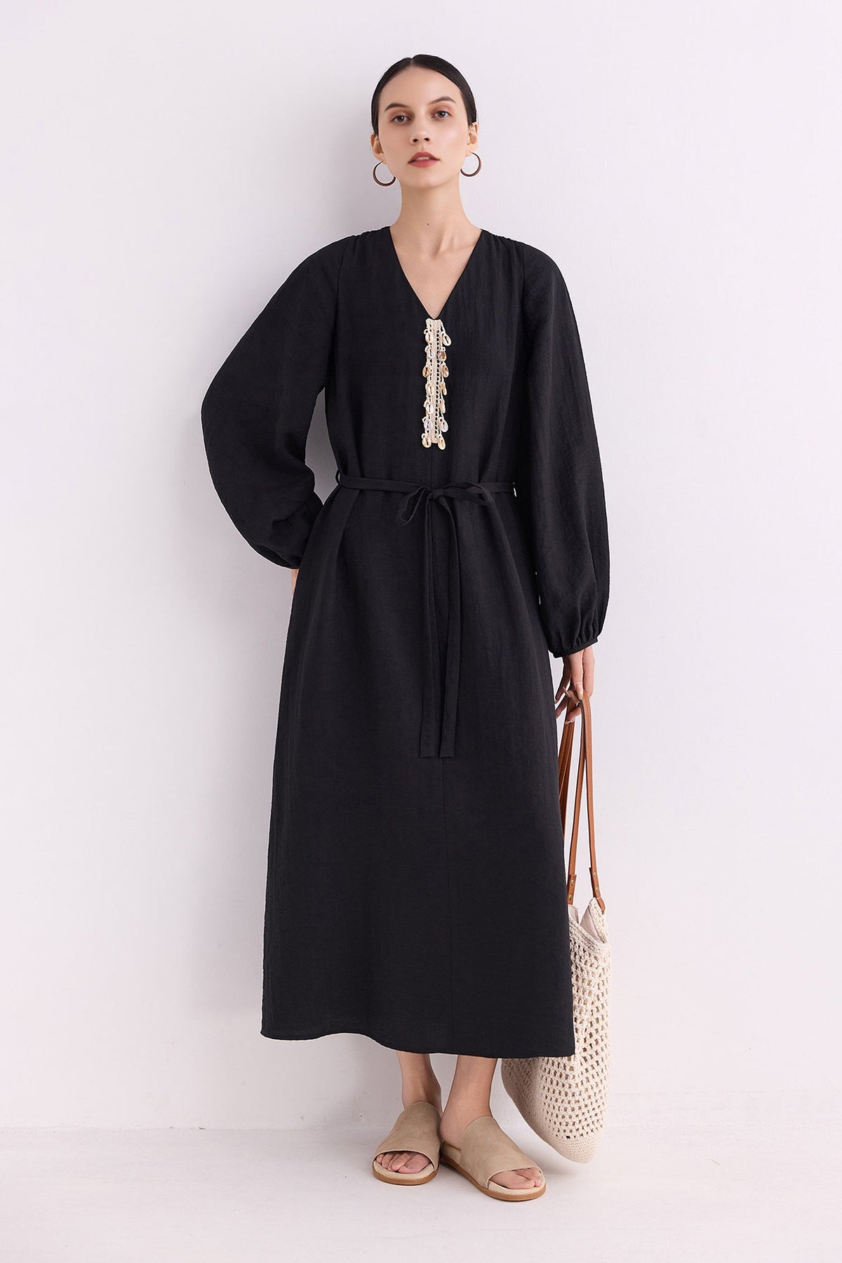 Minimalist Linen-Blend Long Sleeve Maxi Boho Dress