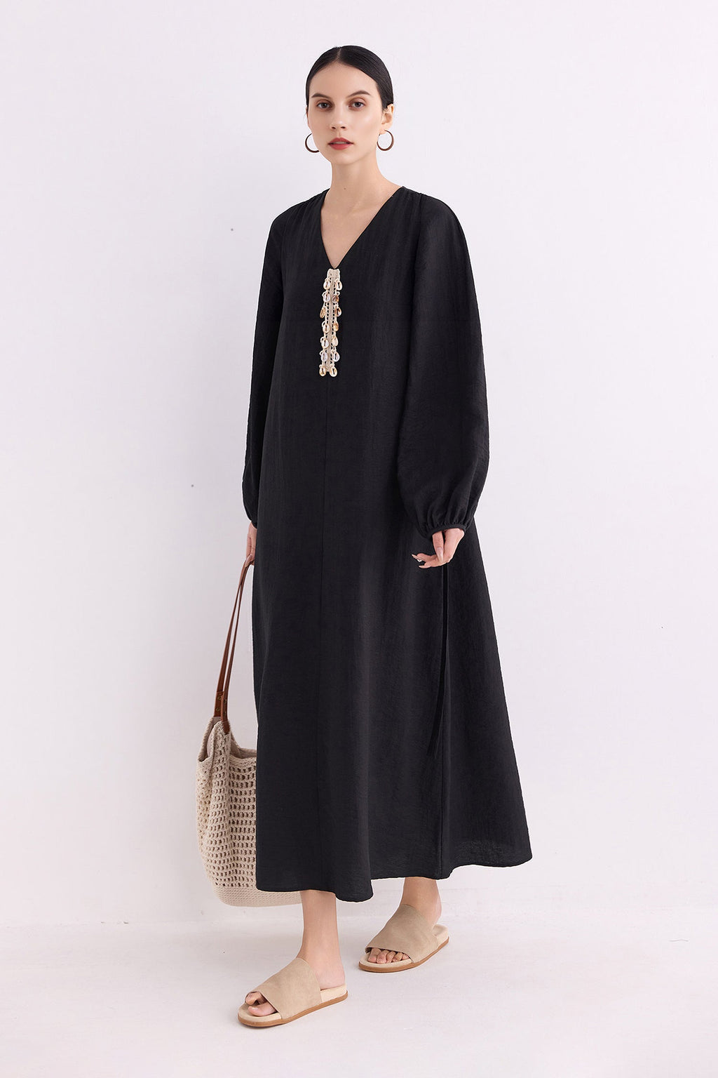Minimalist Linen-Blend Long Sleeve Maxi Boho Dress