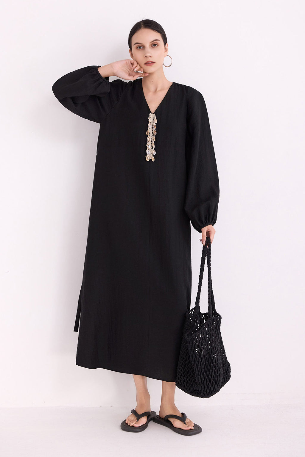 Minimalist Linen-Blend Long Sleeve Maxi Boho Dress