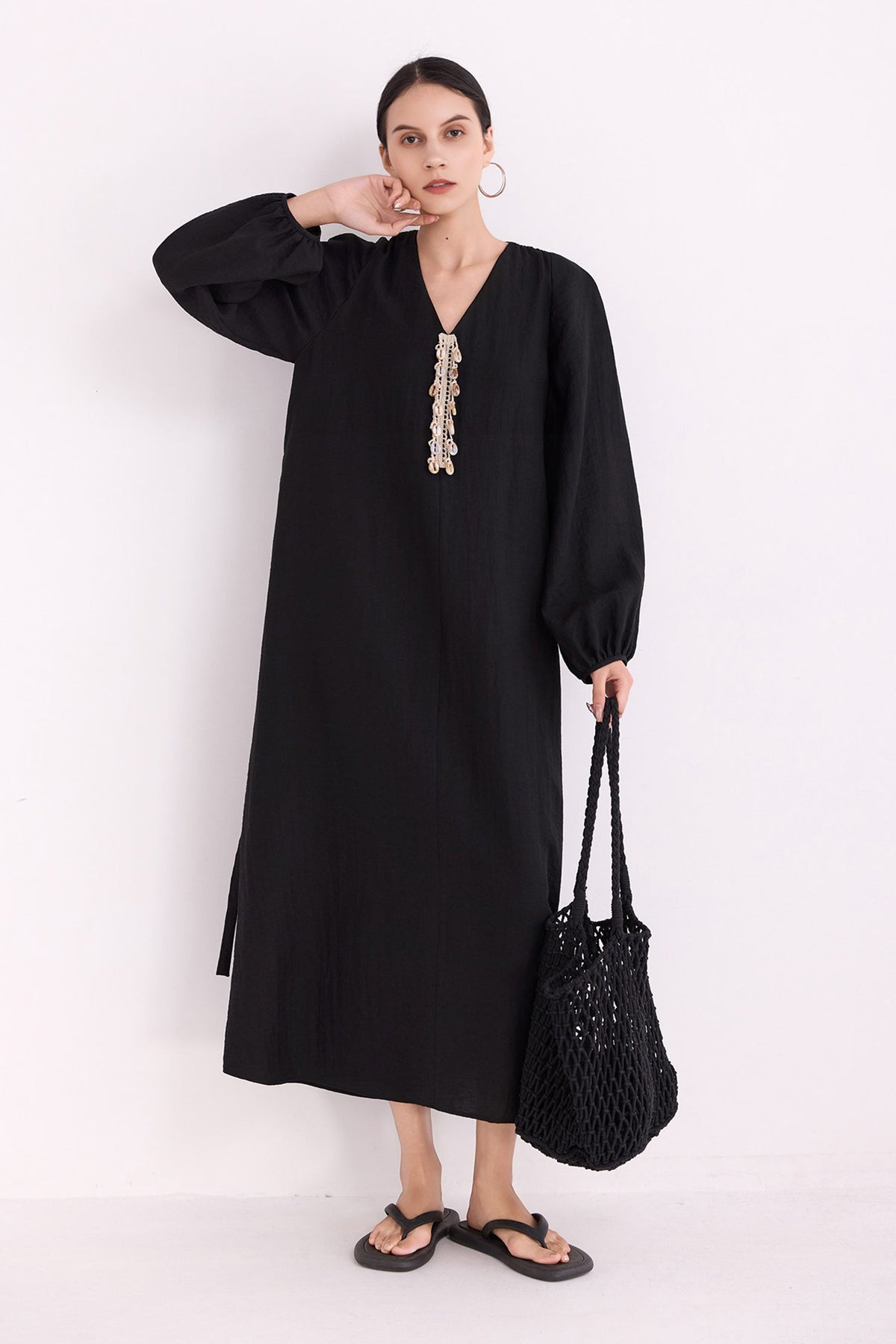 Minimalist Linen-Blend Long Sleeve Maxi Boho Dress