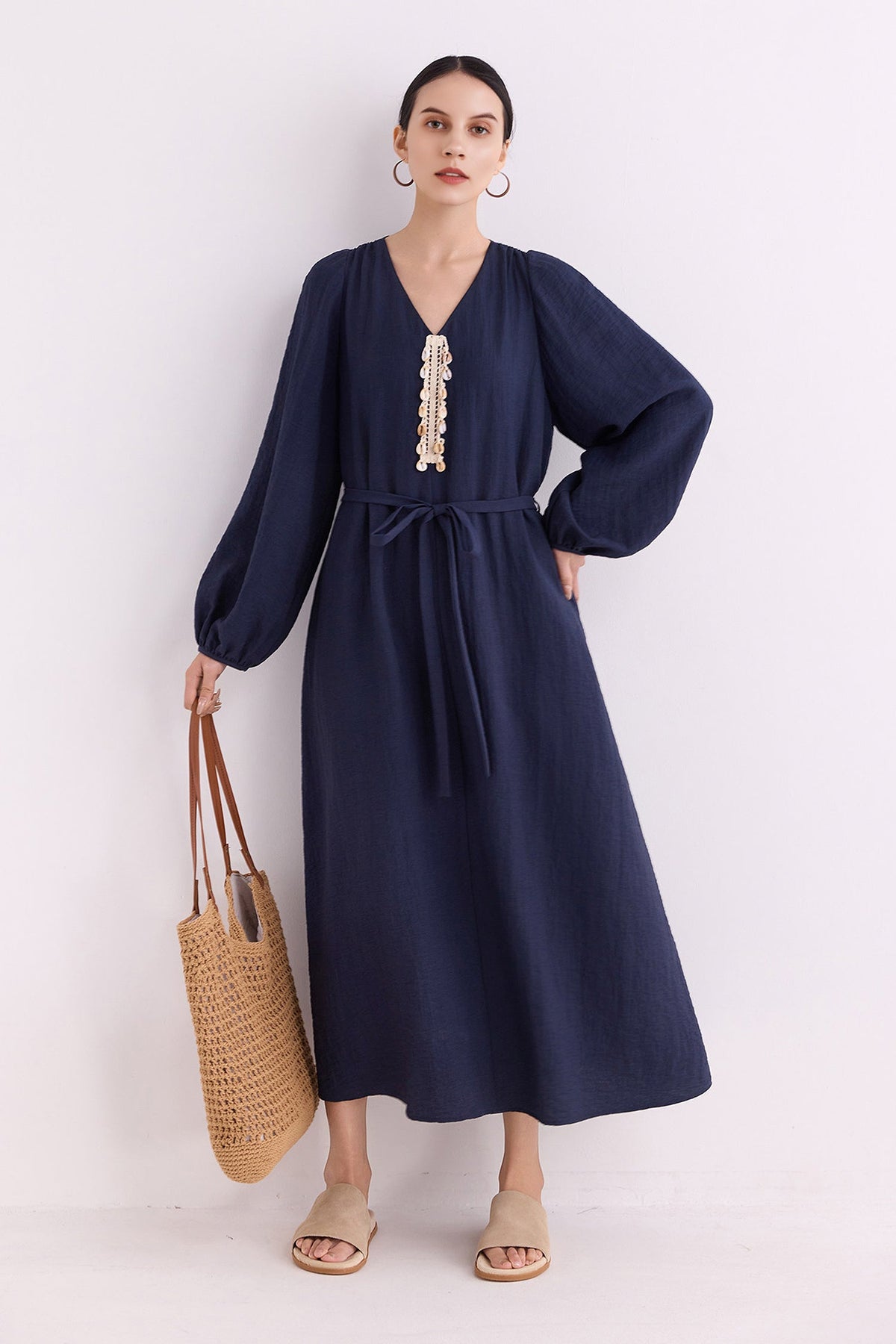 Minimalist Linen-Blend Long Sleeve Maxi Boho Dress