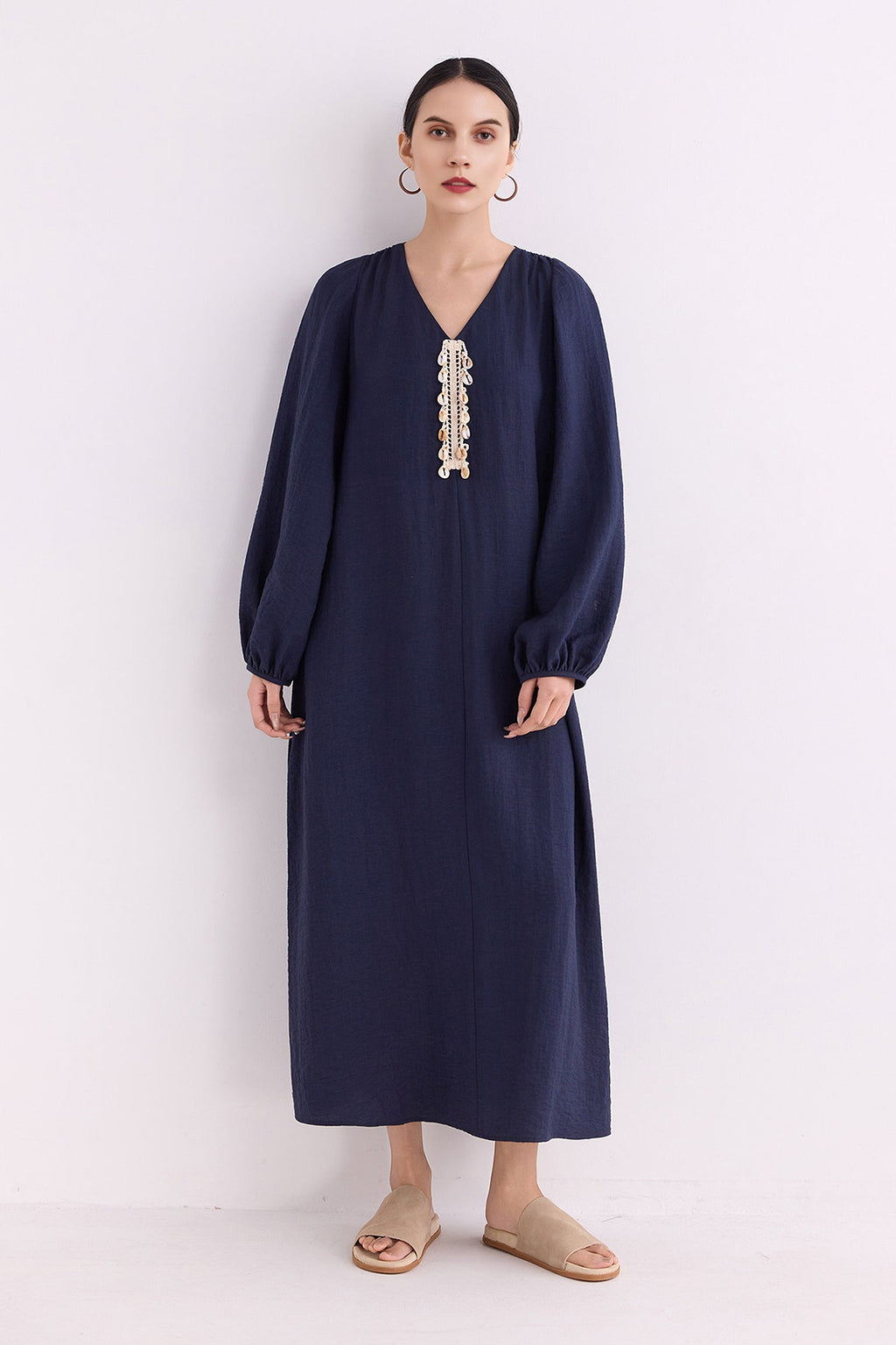 Minimalist Linen-Blend Long Sleeve Maxi Boho Dress